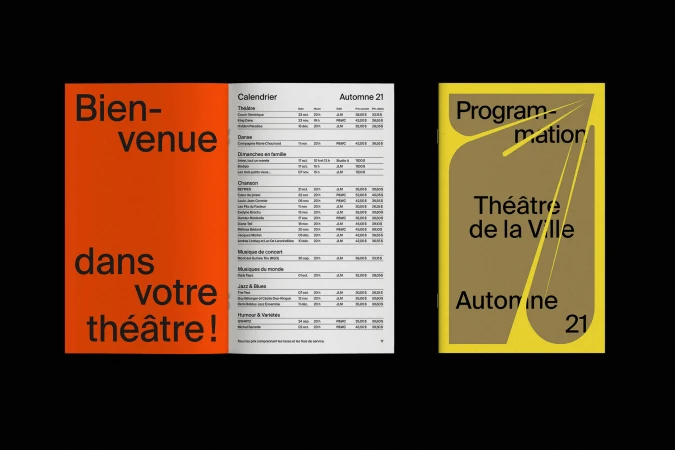 Promotional graphic for Théâtre de la Ville Automne 21 shows a brochure and a calendar listing events, all rendered in bold sans-serif typography.