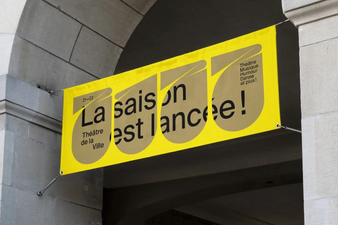 Bright yellow banner announces 'La saison est lancee!' in bold black text, promoting theatre, music, humor and dance events for 21-22 season.