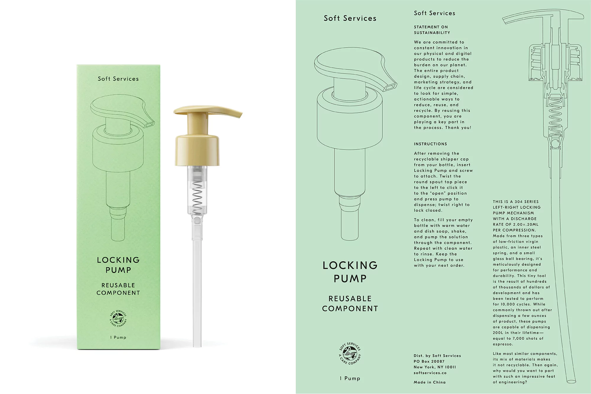 Locking pump and reusable component with green packaging. Sustainable product design emphasizes reducing environmental burden.