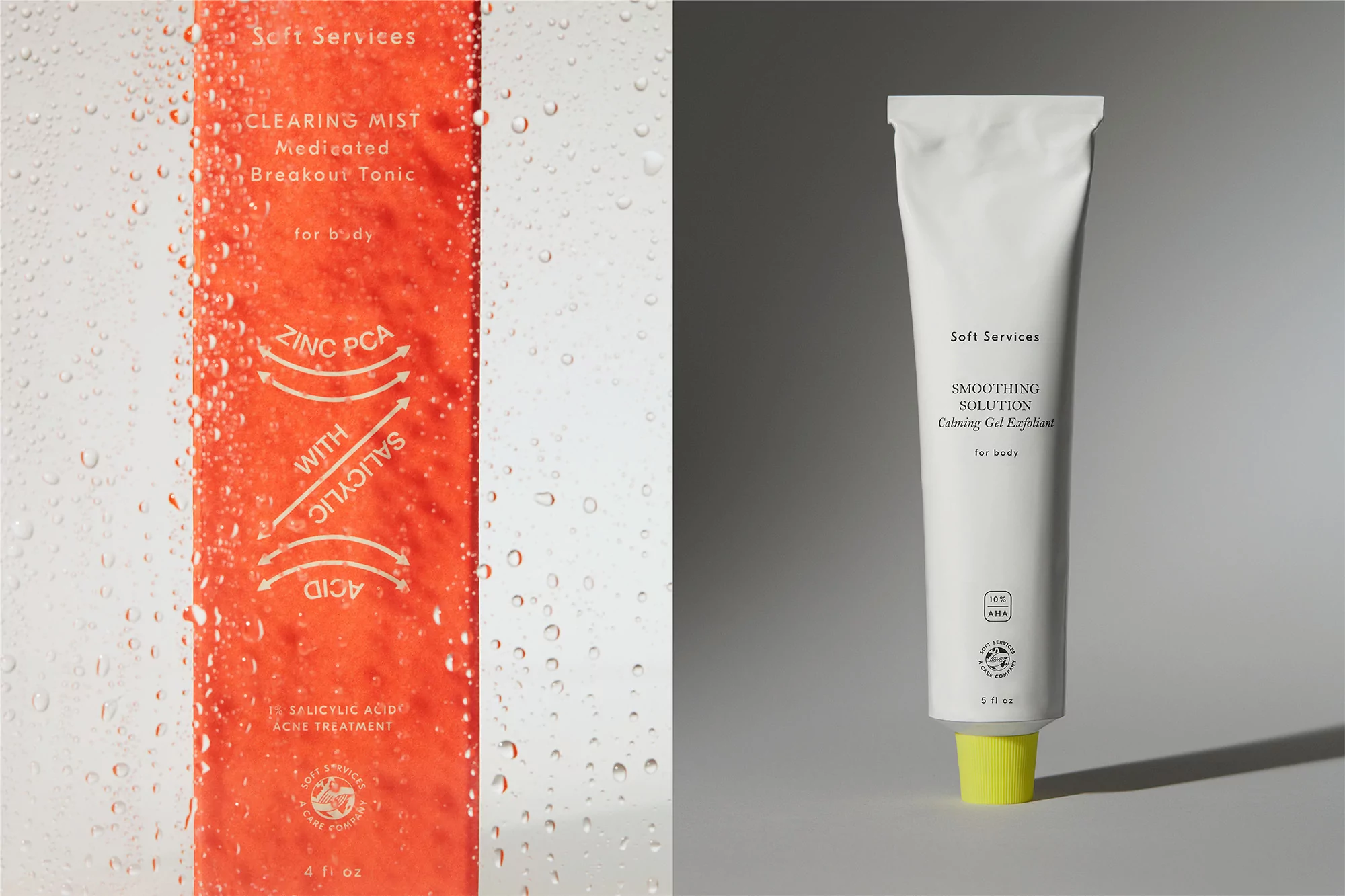 Two Soft Services skincare products displayed side-by-side: Clearing Mist in orange packaging and Smoothing Solution in white.