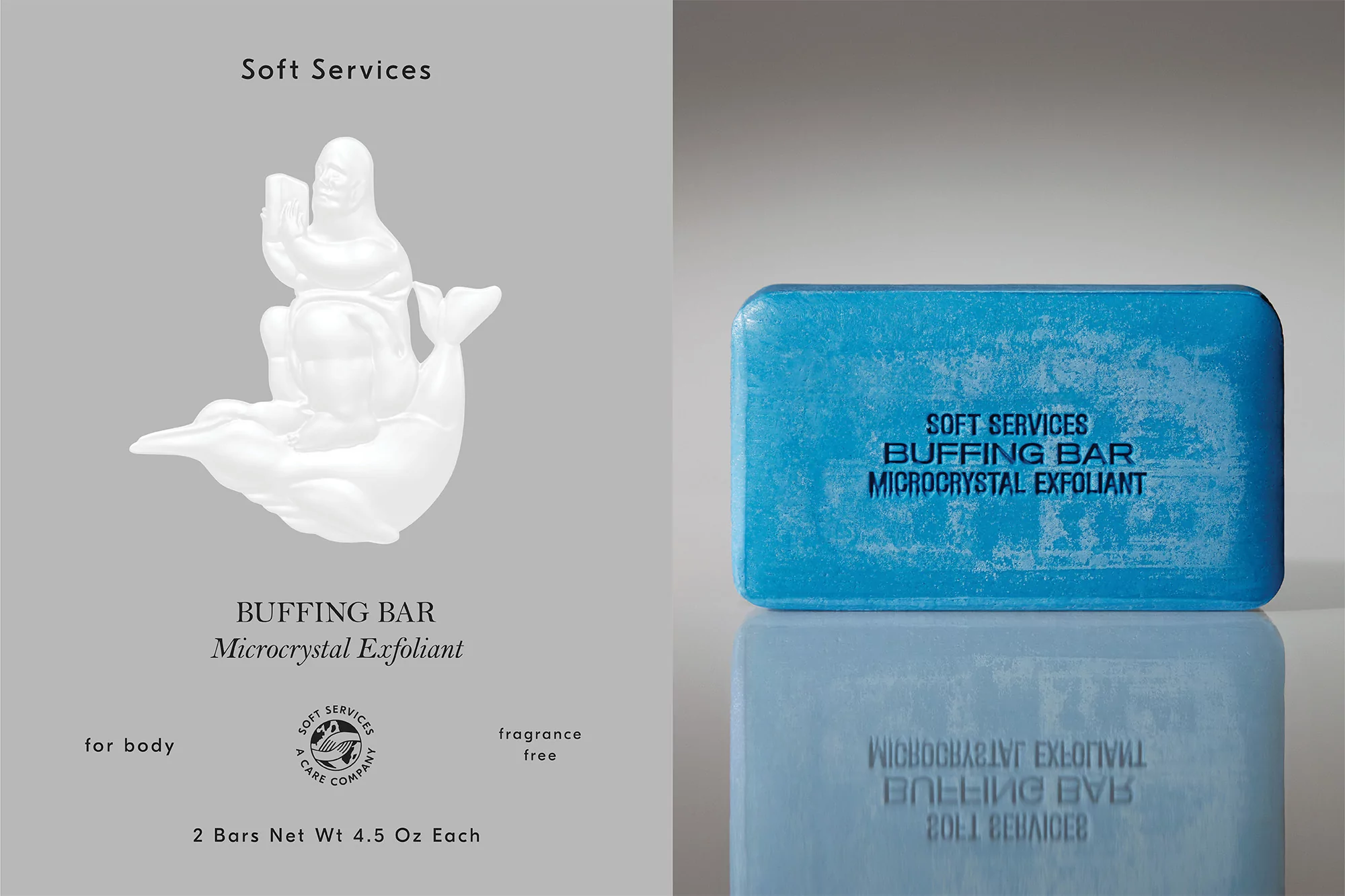 Promotional image of Soft Services Buffing Bar, a microcrystal exfoliant, shown with white sculpture on a grey gradient background with reflection.