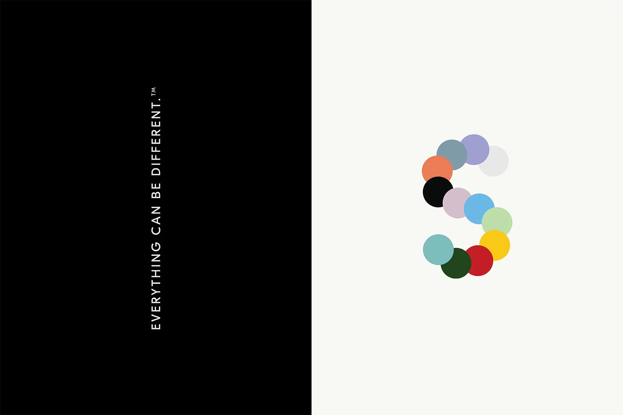 Colorful letter S created from small multicolored circles on a white background next to black background with vertical white text.
