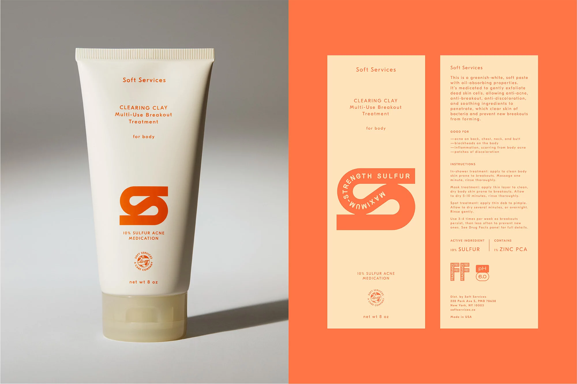 Skin treatment for body, with text description, including clay multi-use breakout treatment, displayed with package label, and sulfur strength.