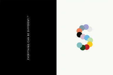 Split composition showing vertical text on a solid black panel next to a stylized letter S formed of colorful circular dots on white.