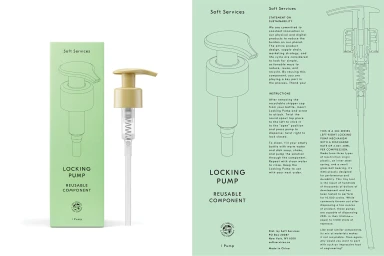 Product packaging and technical diagram for Soft Services locking pump with pale green box and instructional text.
