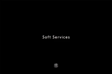 Soft Services brand identity title card featuring white typography against a solid black background.