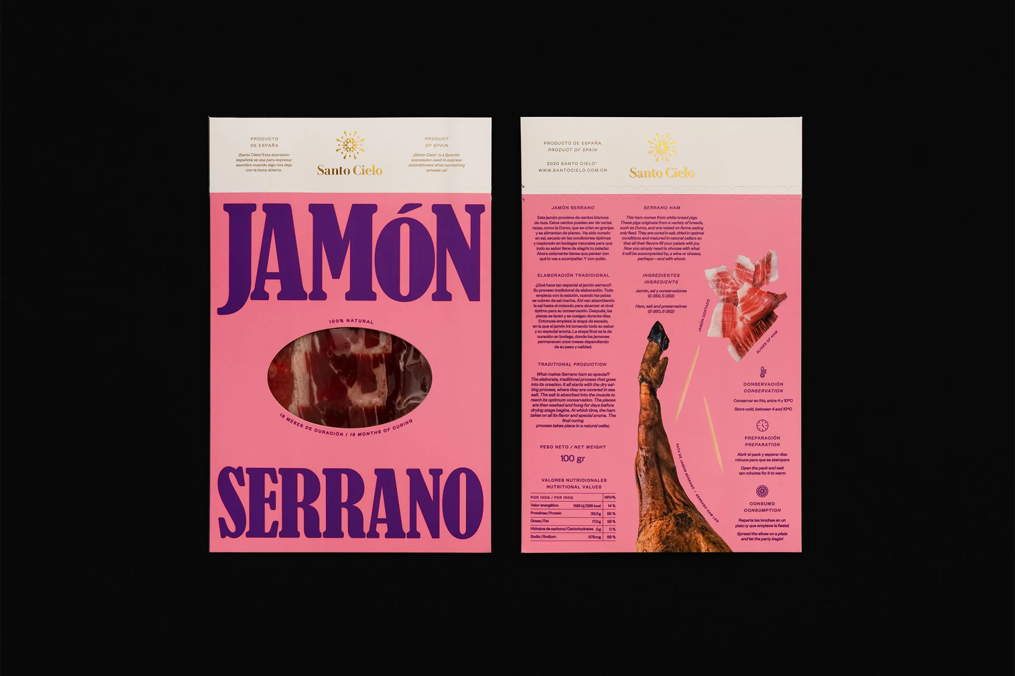 Two packages of Jamón Serrano, Spanish dry-cured ham, displayed side by side on a black surface. Package is pink, white, and purple.