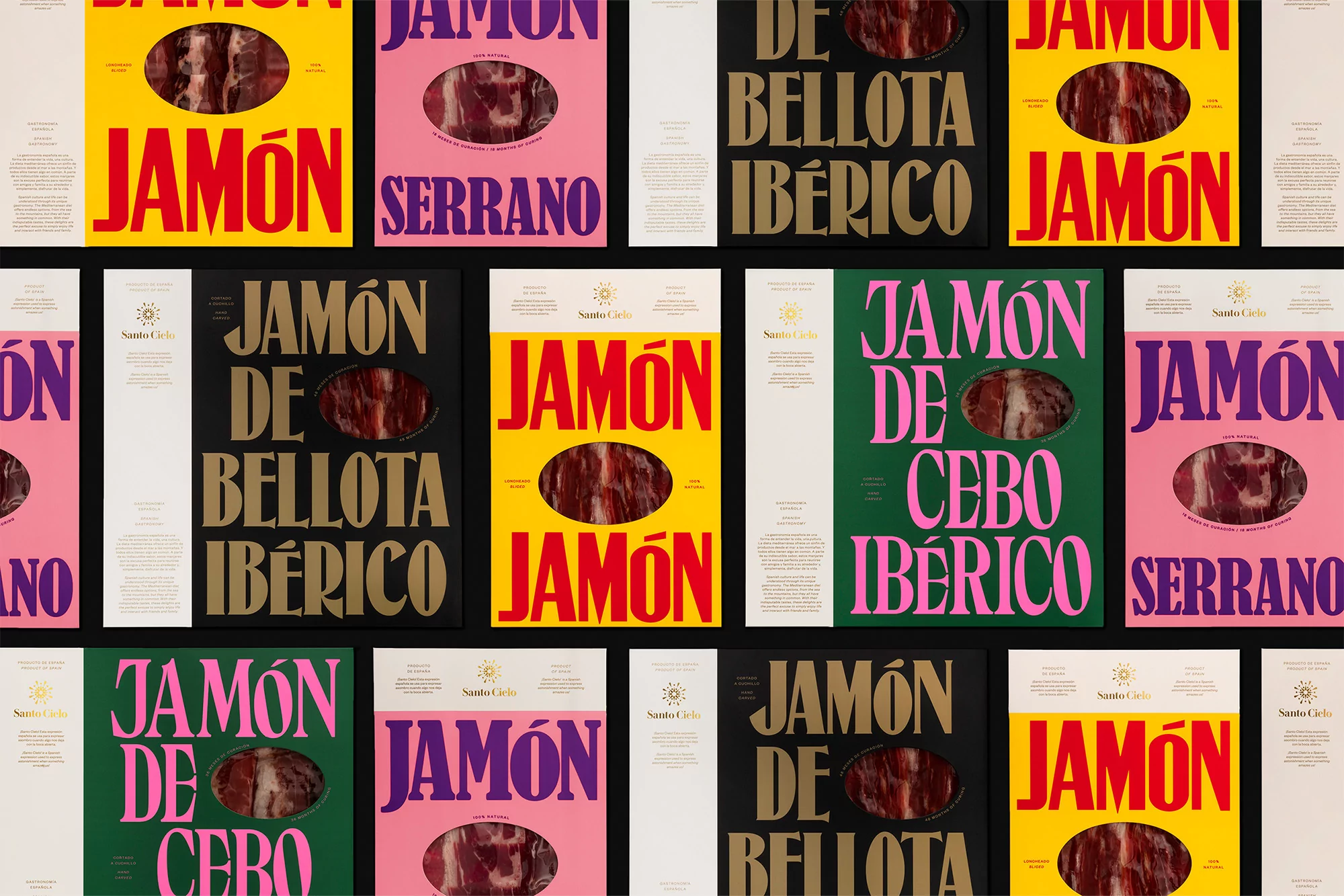 Multiple packages of Jamón are arranged in rows, featuring vibrant colors and bold typography, highlighting the Spanish ham product.