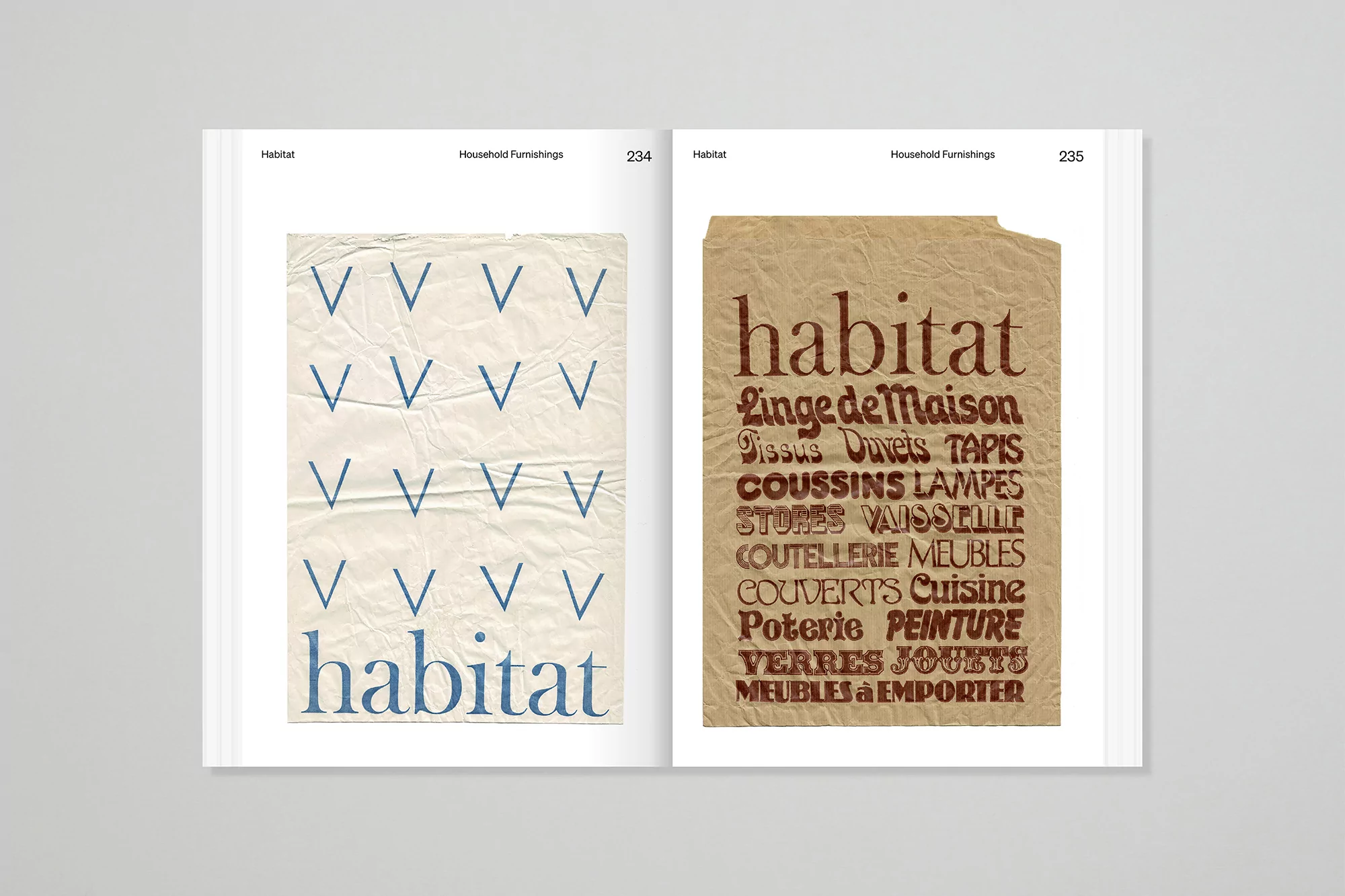 Open book pages featuring 'Habitat' branding, a paper texture with repeating V patterns, and a tan paper texture with product list.