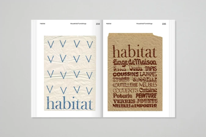 Open book pages featuring 'Habitat' branding, a paper texture with repeating V patterns, and a tan paper texture with product list.