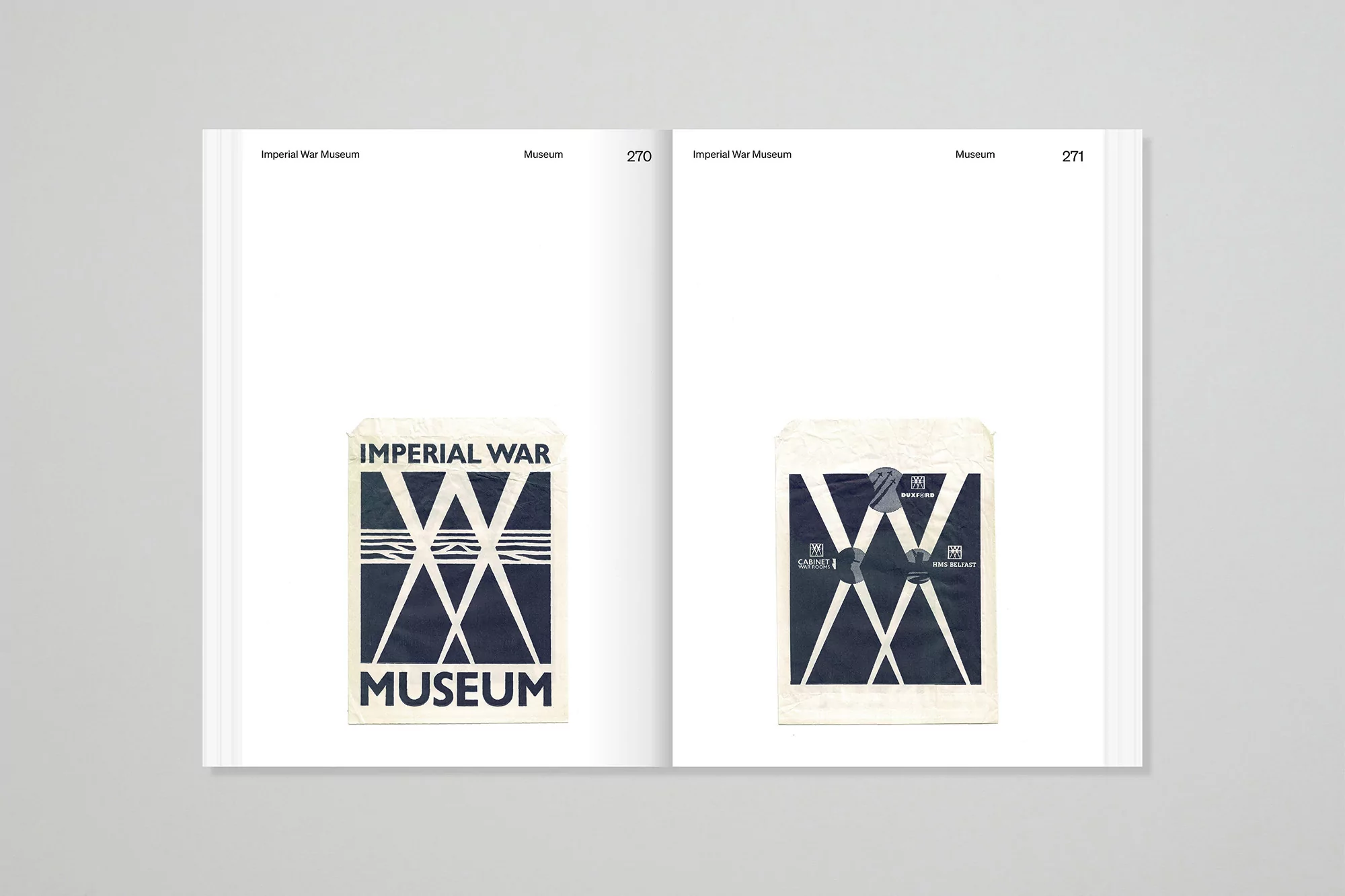 Two pages from a museum book featuring Imperial War Museum designs in black and white, displayed on a clean, bright white background.
