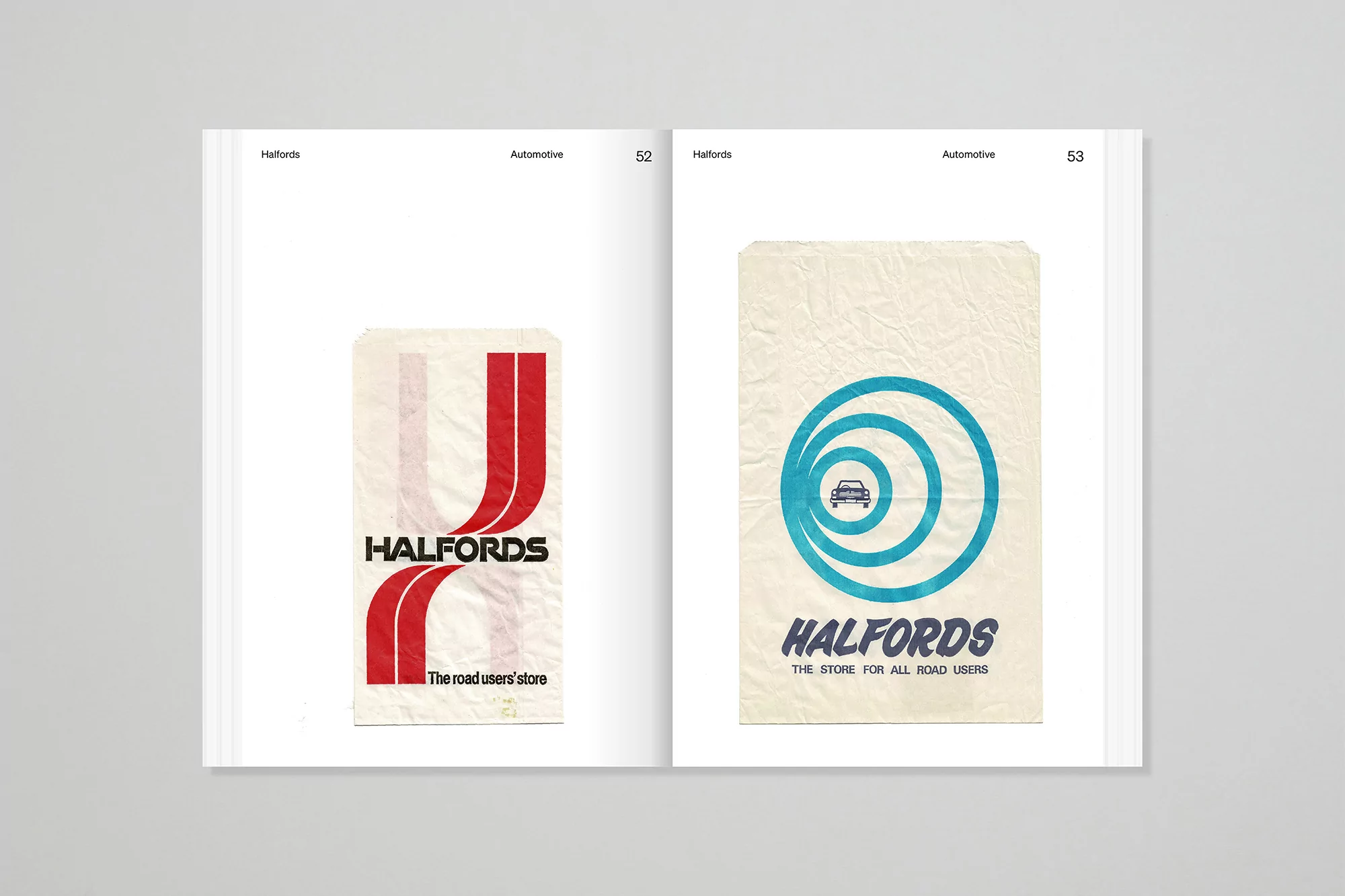 Vintage Halfords automotive brand bags on a magazine spread, featuring minimalist red and blue graphics on off-white paper.