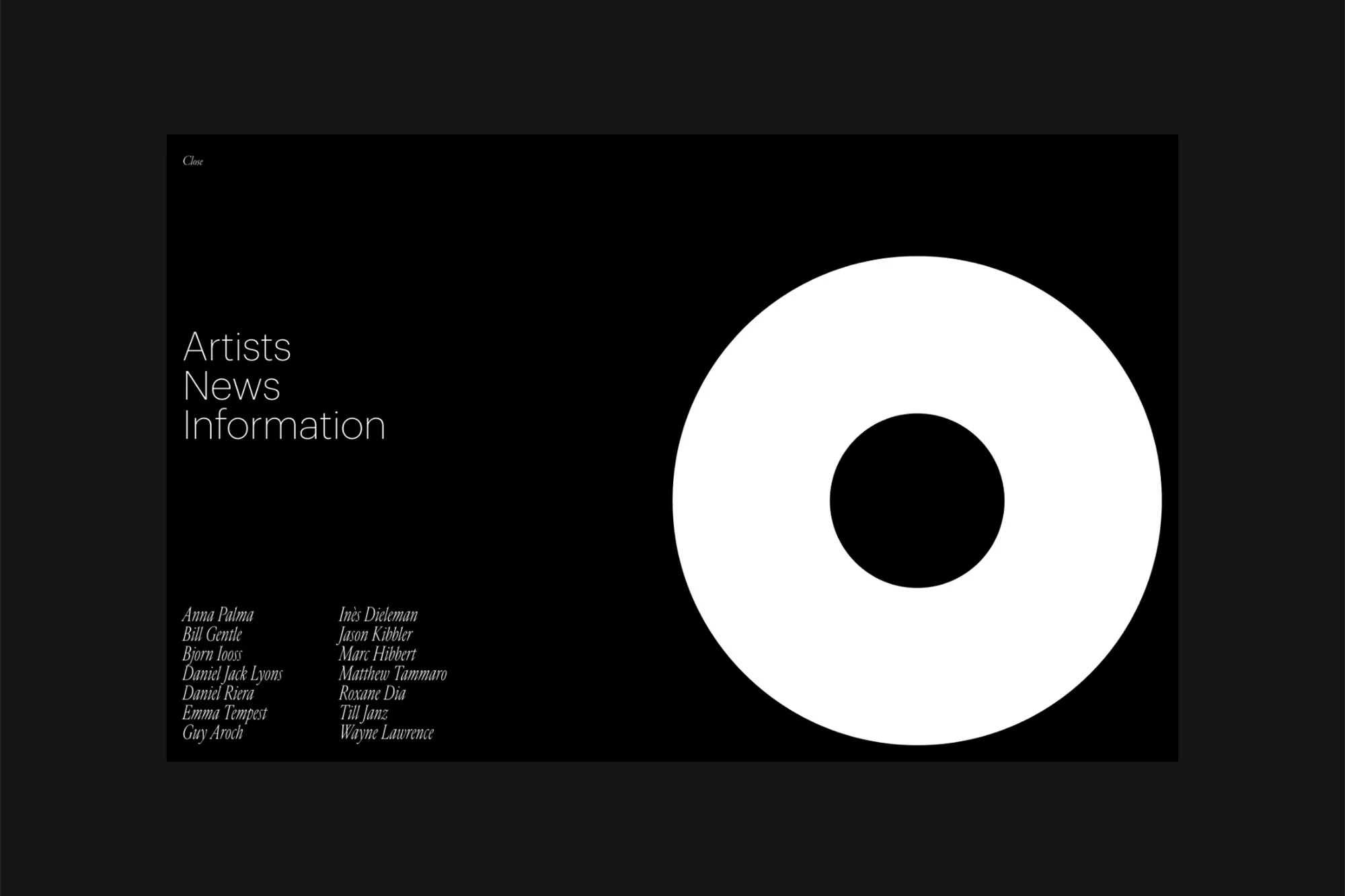 Abstract design for Artists News Information, featuring a solid black background with a white donut shape graphic and artistic information.