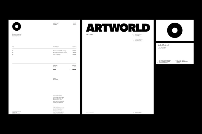 Minimalist design stationery set featuring a letterhead, invoice, and business card against a black backdrop, showcasing a modern aesthetic.