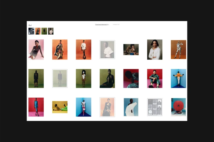 Screenshot of a digital gallery layout displaying multiple portrait and fashion photography thumbnails against a white backdrop.