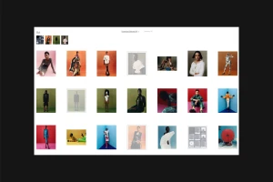 Screenshot of a digital gallery layout displaying multiple portrait and fashion photography thumbnails against a white backdrop.