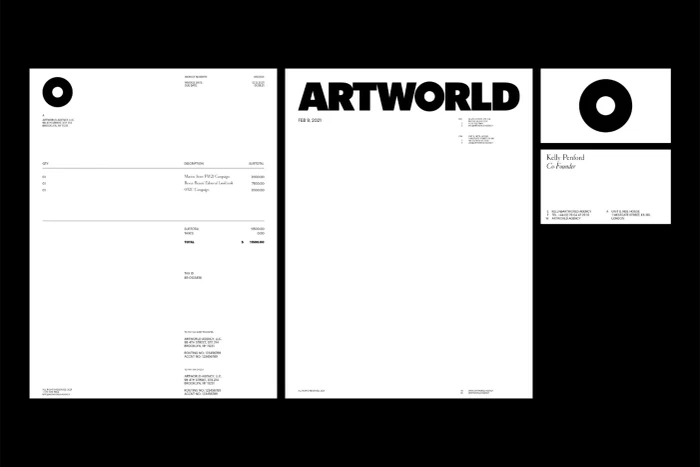 Artworld brand identity presentation showcasing minimalist letterhead, stationery layout, and typographic logo on white paper.