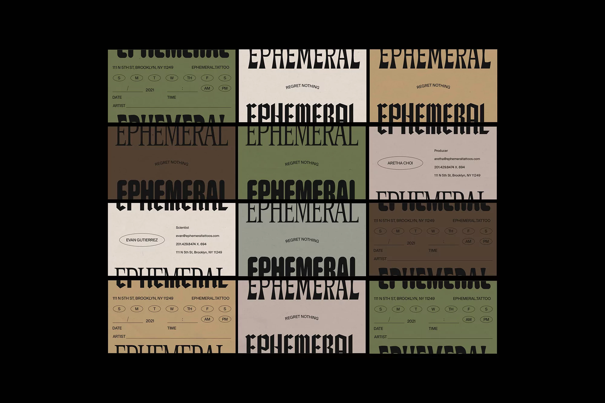 Poster art collage featuring a grid of beige, brown, and green squares with a consistent typographic design and scheduling details.