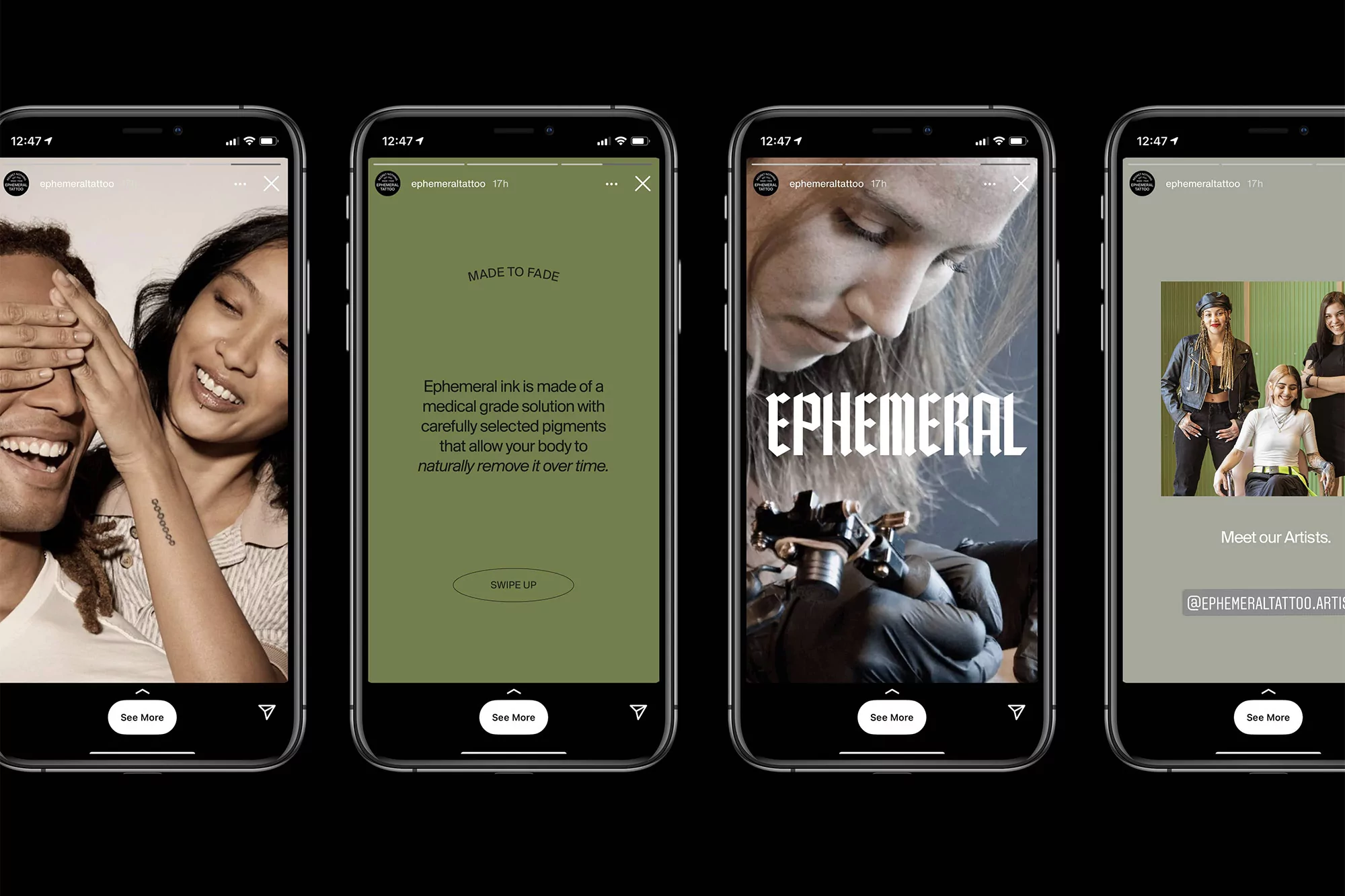Four smartphone screens showing Ephemeral tattoo marketing, including a couple, text about ink, an artist with a tattoo gun, and a team photo.