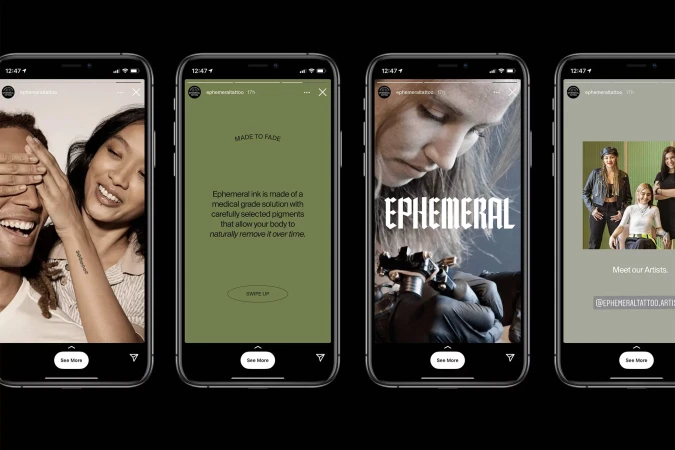 Four smartphone screens showing Ephemeral tattoo marketing, including a couple, text about ink, an artist with a tattoo gun, and a team photo.