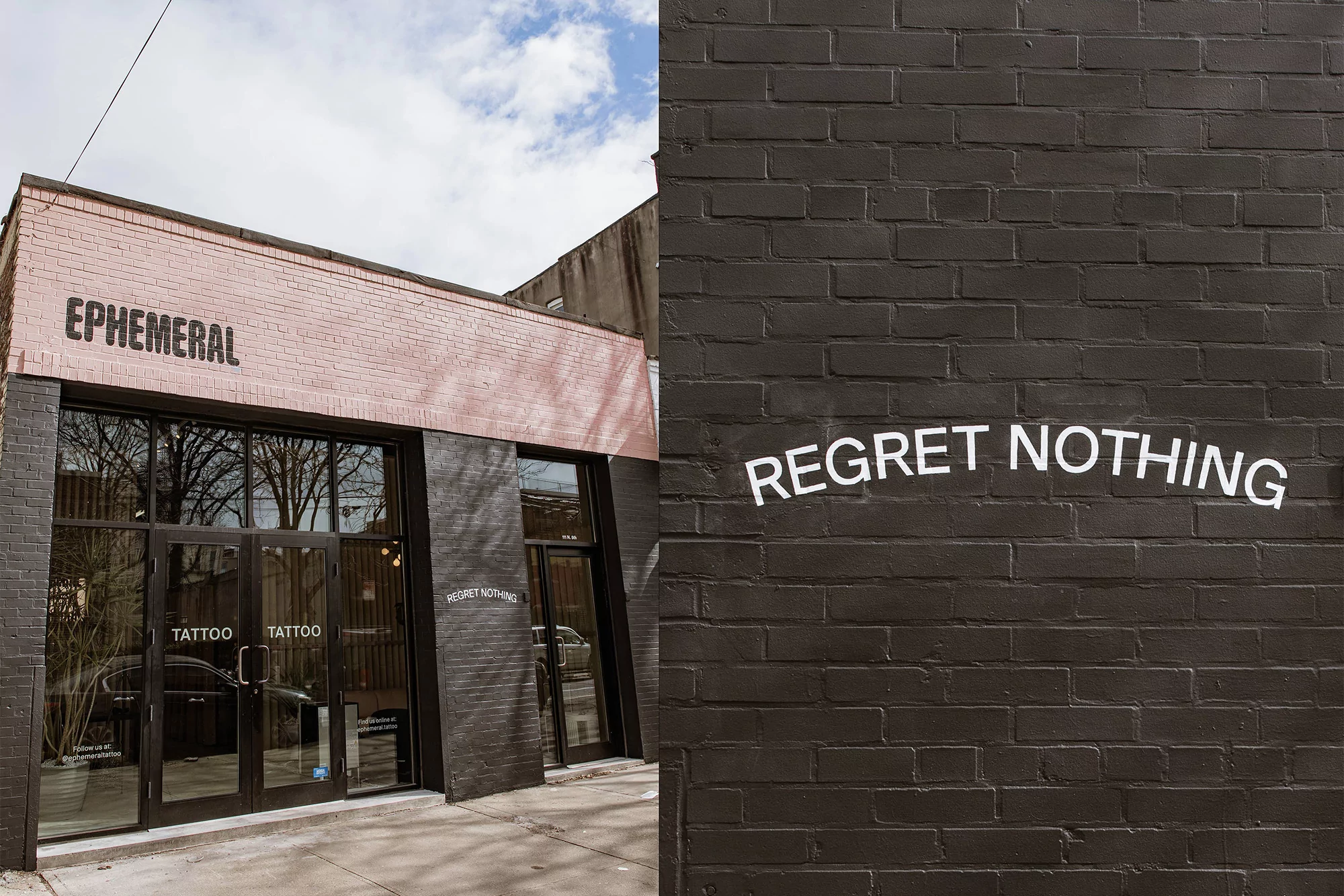 Outdoor shot of the Ephemeral tattoo studio with brick walls and bold lettering, expressing an edgy, modern aesthetic in daylight.
