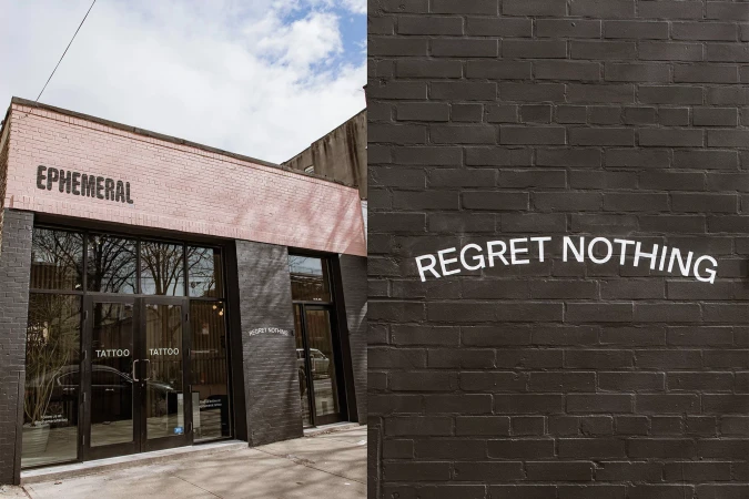 Outdoor shot of the Ephemeral tattoo studio with brick walls and bold lettering, expressing an edgy, modern aesthetic in daylight.