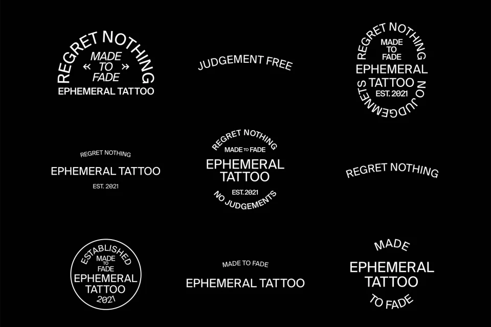 Collection of ephemeral tattoo designs with text variations, including 'Regret Nothing,' 'Made to Fade,' and 'Judgement Free,' on a black backdrop.
