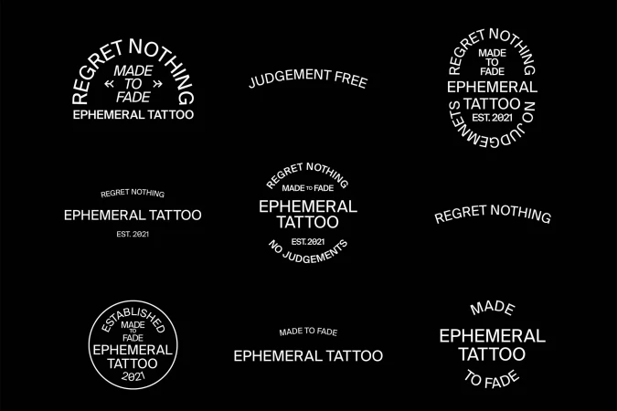 Collection of ephemeral tattoo designs with text variations, including 'Regret Nothing,' 'Made to Fade,' and 'Judgement Free,' on a black backdrop.