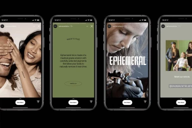 Four smartphones displaying social media stories for Ephemeral tattoo brand against a black background