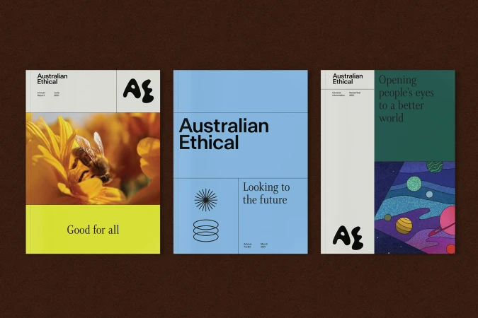 Three brochure covers for Australian Ethical featuring a bee on a flower, a minimalist design, and a space-themed illustration.