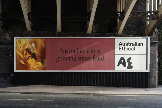 Billboard advertisement featuring a bee on a yellow flower and promotional text for Australian Ethical super fund.