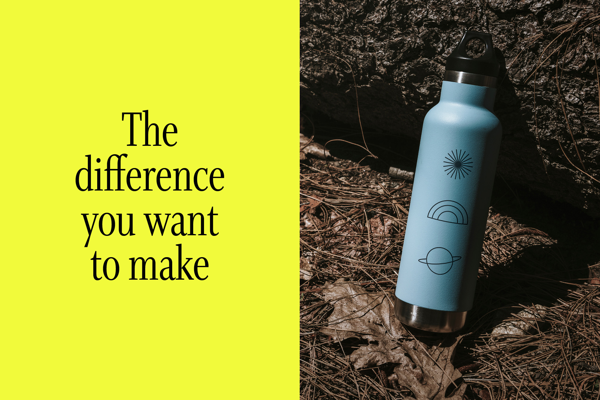 Light blue reusable water bottle with geometric designs on a pine needle covered forest floor next to bright yellow background with text.