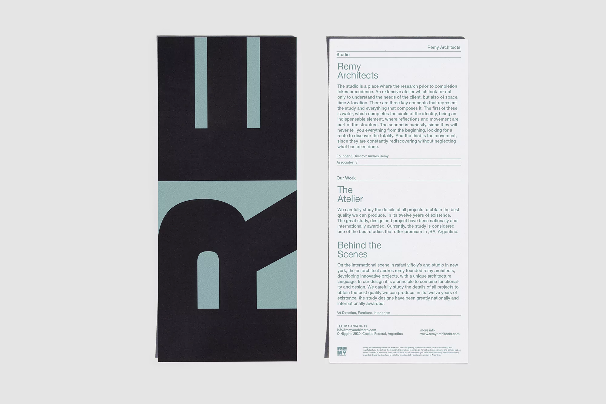 Promotional material displays 'Remy Architects' on a light gray background with black, bold text creating an abstract design.