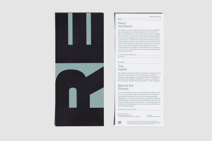 Promotional material displays 'Remy Architects' on a light gray background with black, bold text creating an abstract design.