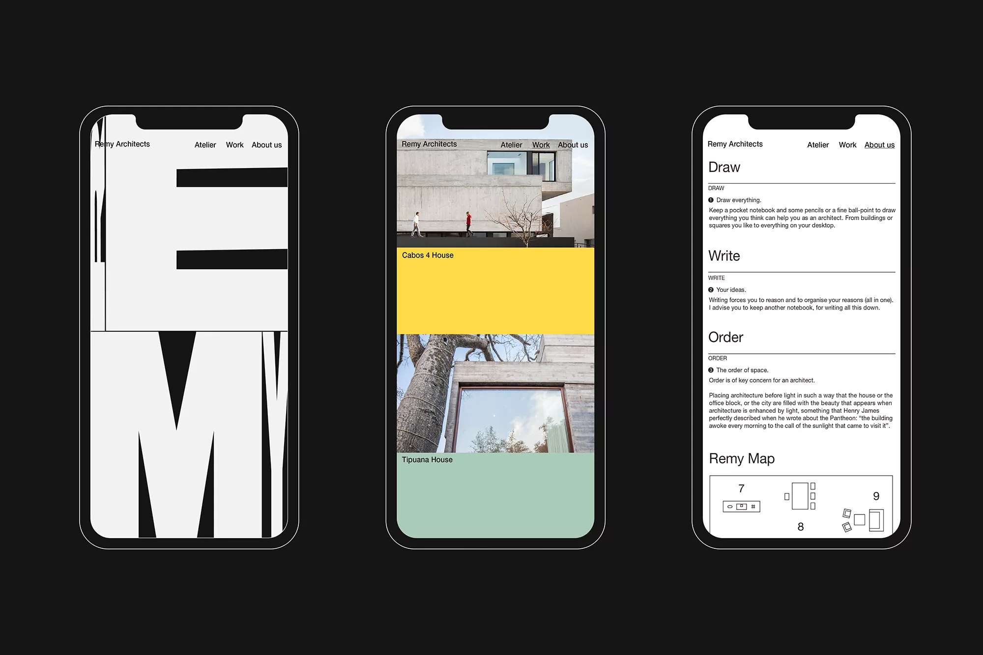 Three smartphone screens displaying the Remy Architects website, featuring images of architecture, website navigation, and written content.