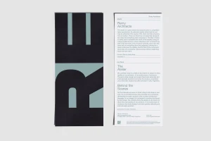 Graphic design brand identity collateral for Remy Architects featuring bold typography and text layout.