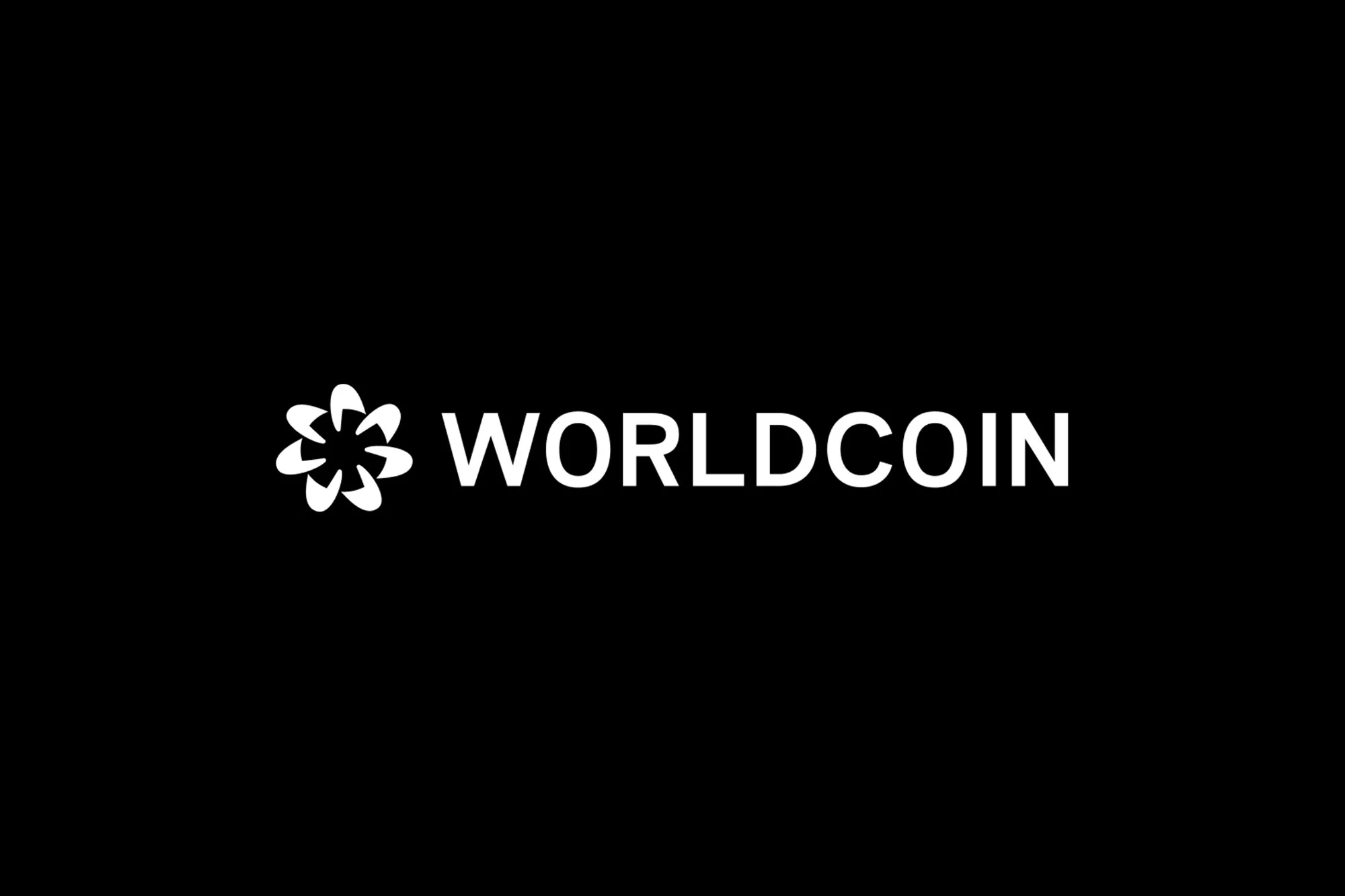 Worldcoin logo on a black background. White text and stylized graphic symbol of circular shape with curved sections.