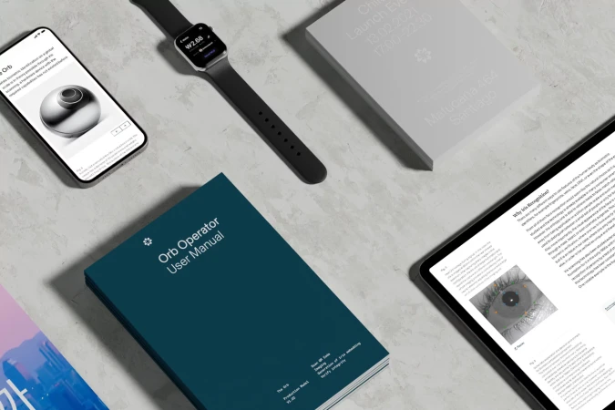 Overhead shot showcases a smart watch, mobile phone, tablet, user manual, and book on a textured grey surface. Technology display.