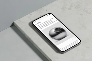 A smartphone resting on a textured grey and white surface displaying a digital article about a spherical biometric device named The Orb.
