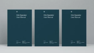 Three dark blue user manual booklets for Worldcoin standing upright on a pale grey surface against a neutral grey wall.