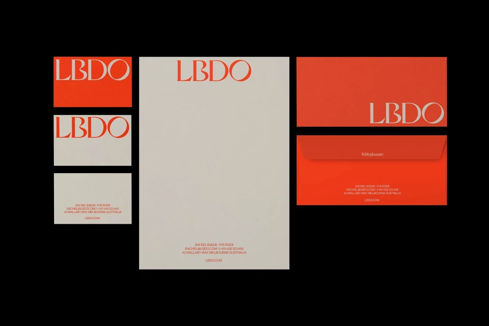 Letterhead mockup featuring letter, business cards, and envelope, all displaying the LBDO logo in orange-red on a light cream and red background.