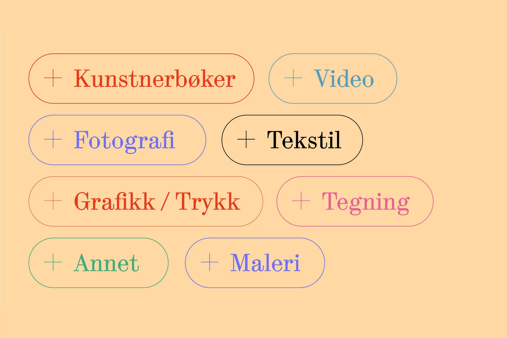 Image features multiple creative and artistic options written in different colors on an orange background: Kunstnerbøker, Video, Fotografi, Tekstil.