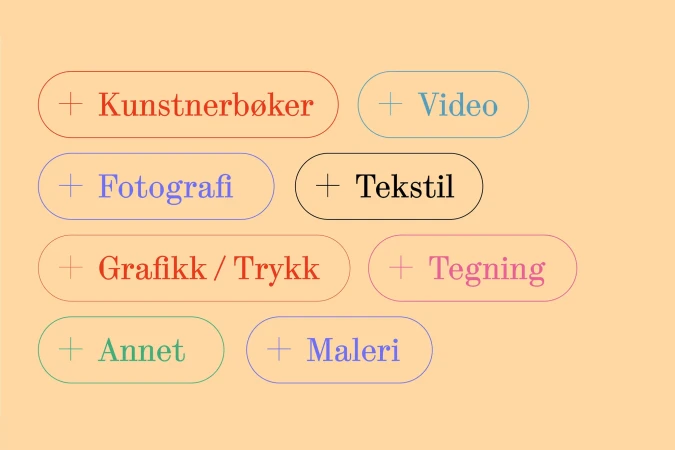 Image features multiple creative and artistic options written in different colors on an orange background: Kunstnerbøker, Video, Fotografi, Tekstil.