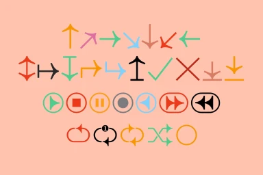 Colorful graphic design system featuring icons, arrows, and playback symbols on a solid peach background.