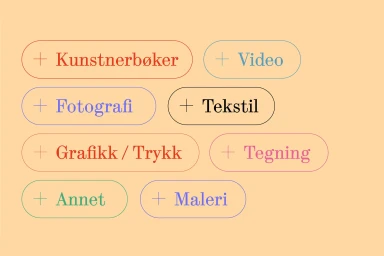 Digital interface design featuring multiple pill-shaped category buttons with plus icons and typography on a peach background.