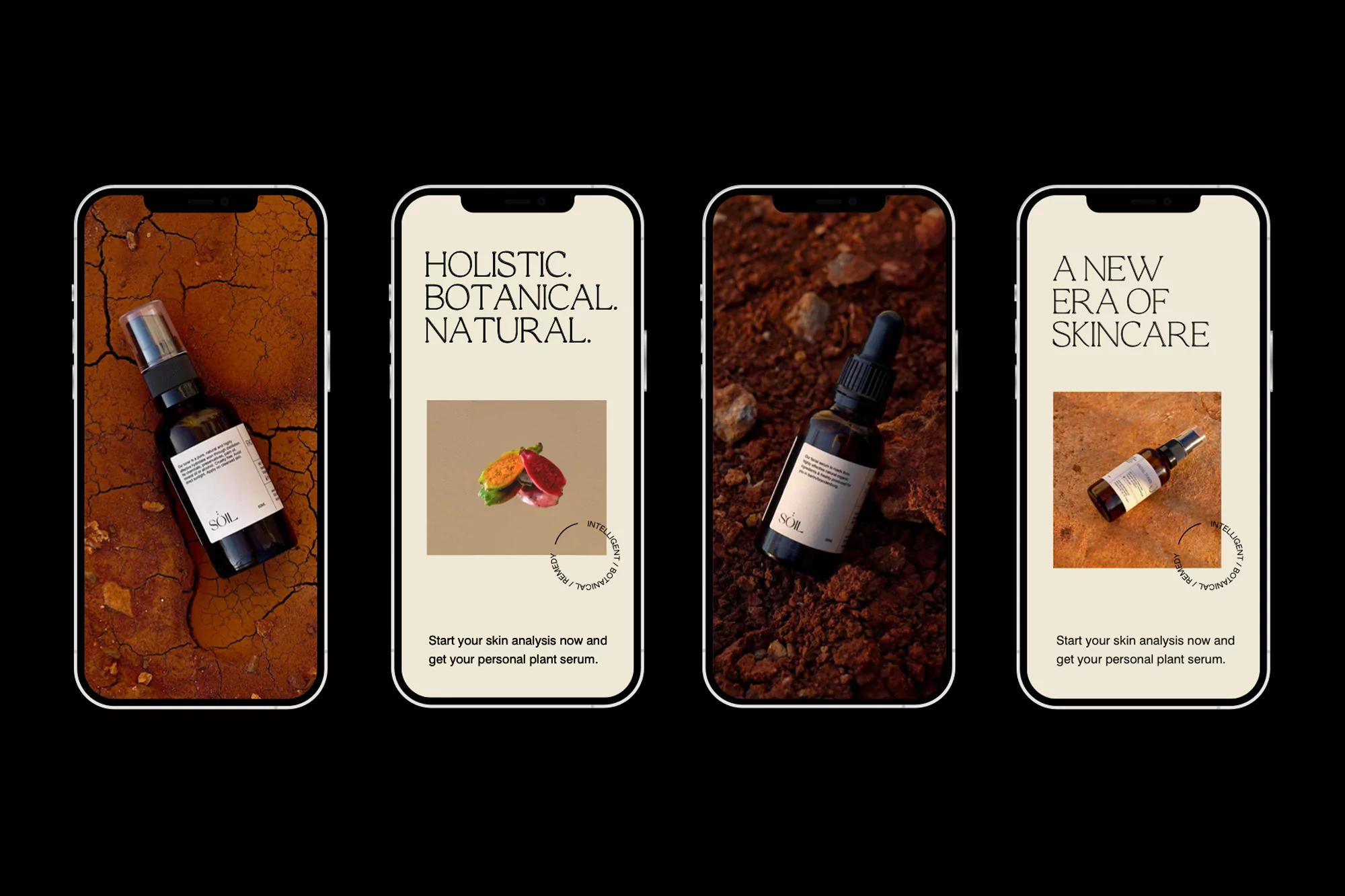 Four smartphones display SOL brand skincare products against cracked earth and earth backgrounds, promoting skin analysis and plant serums.