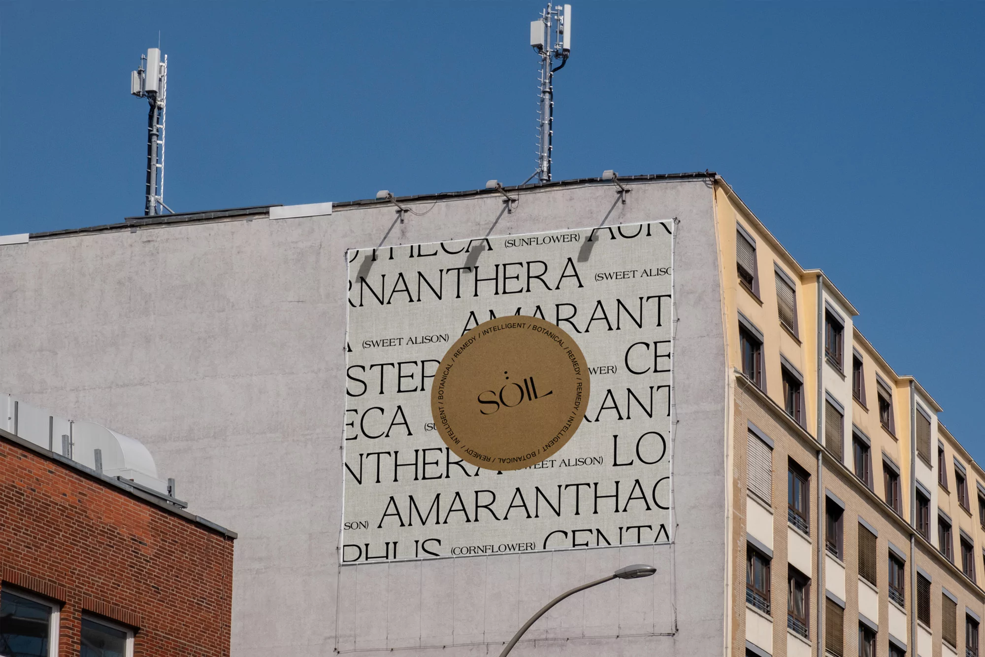 Outdoor advertisement on building wall featuring botanical theme, including a circular emblem, and typography against blue sky.