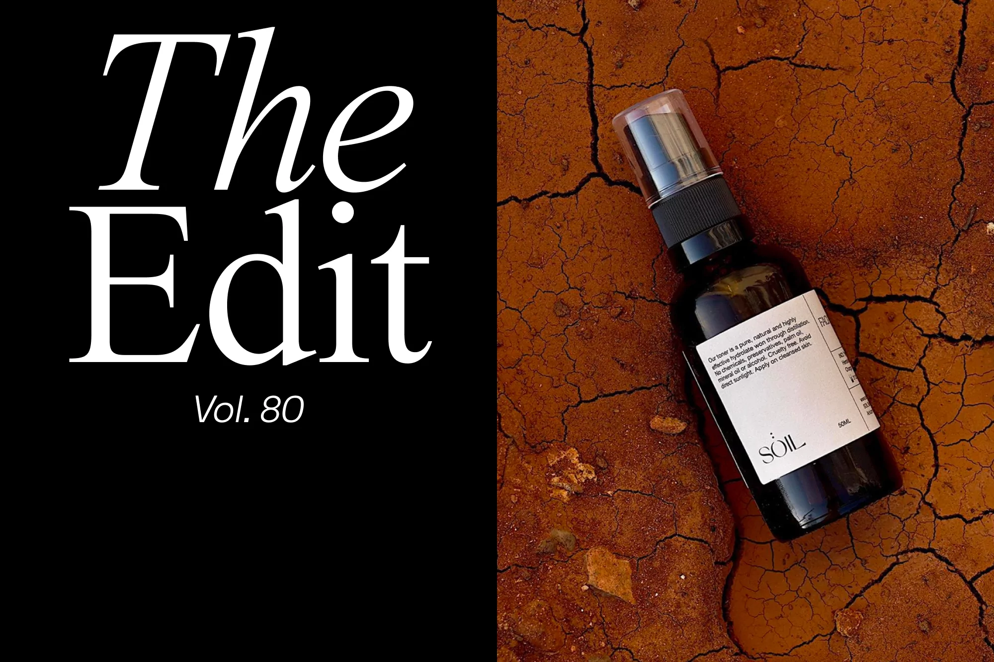Elevated studio shot displays brown glass bottle with clear cap against cracked, earthy backdrop; split black/white text on left.