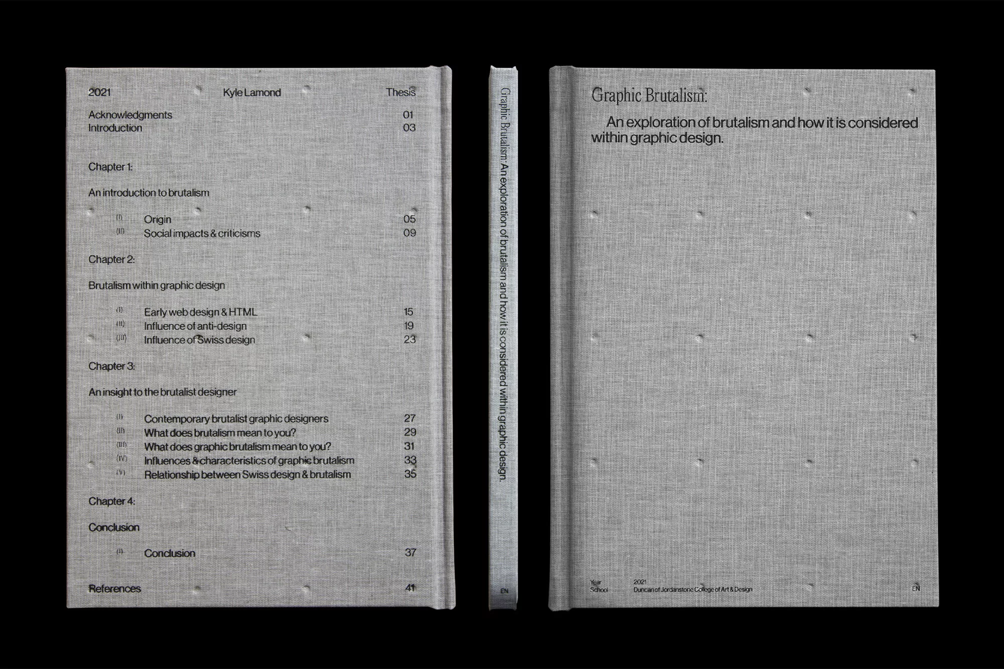 Open book titled 'Graphic Brutalism,' exploring brutalism within graphic design. Book cover features gray linen texture and minimalist typography.