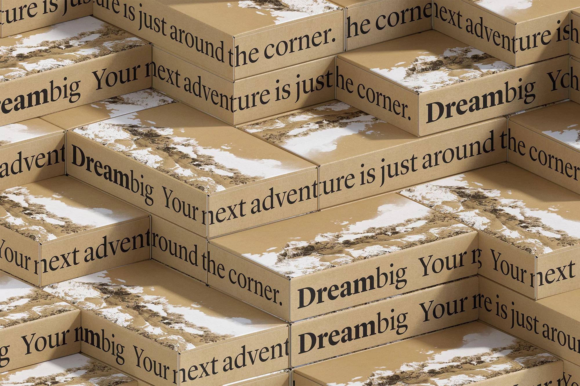Angled, overhead shot of cardboard boxes with beige lids, art, and text, stacked to create an abstract, repeating stepped pattern.